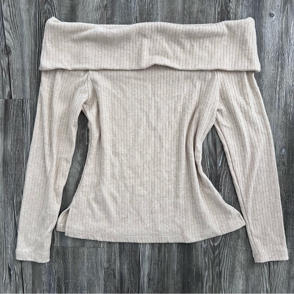 Cream Off The Shoulder Ribbed Foldover Sweater - Picture 2 of 5